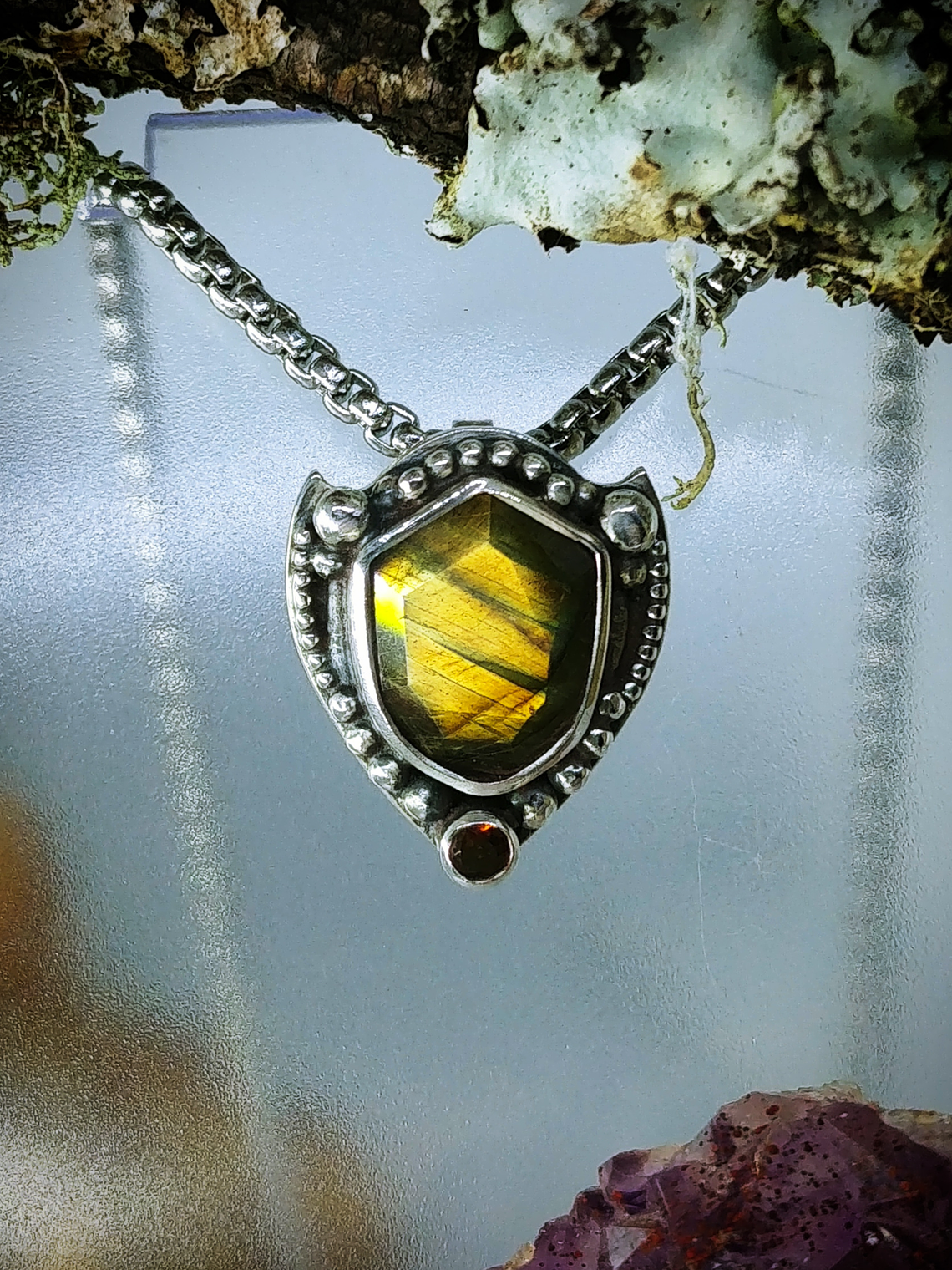 MTO - Labradorite & yellow tourmaline shield shape pendant - Sterling 8