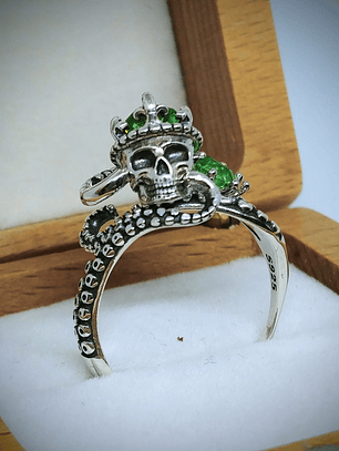 SS - 1.5ct ☢ Octopus tentacles, skull and vintage UG glass ring - Sterling 💍 