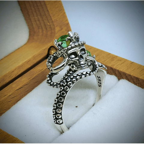 SS - 1.5ct ☢ Octopus tentacles, skull and vintage UG glass ring - Sterling 💍 