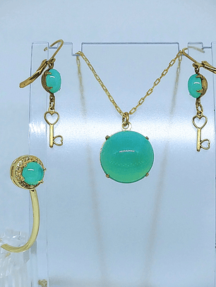 24tcw ☢ Vintage green Opaline UG glass Necklace, earrings, ring and bracelet Set - Costume