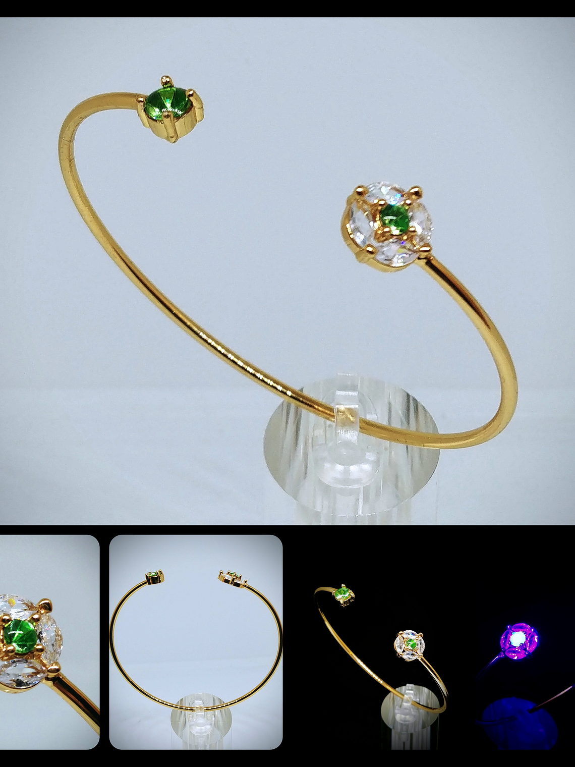 CJ - .7tcw ☢ vintage Peridot green UG glass, 14k yellow gold-plated open cuff bracelet - Costume 6
