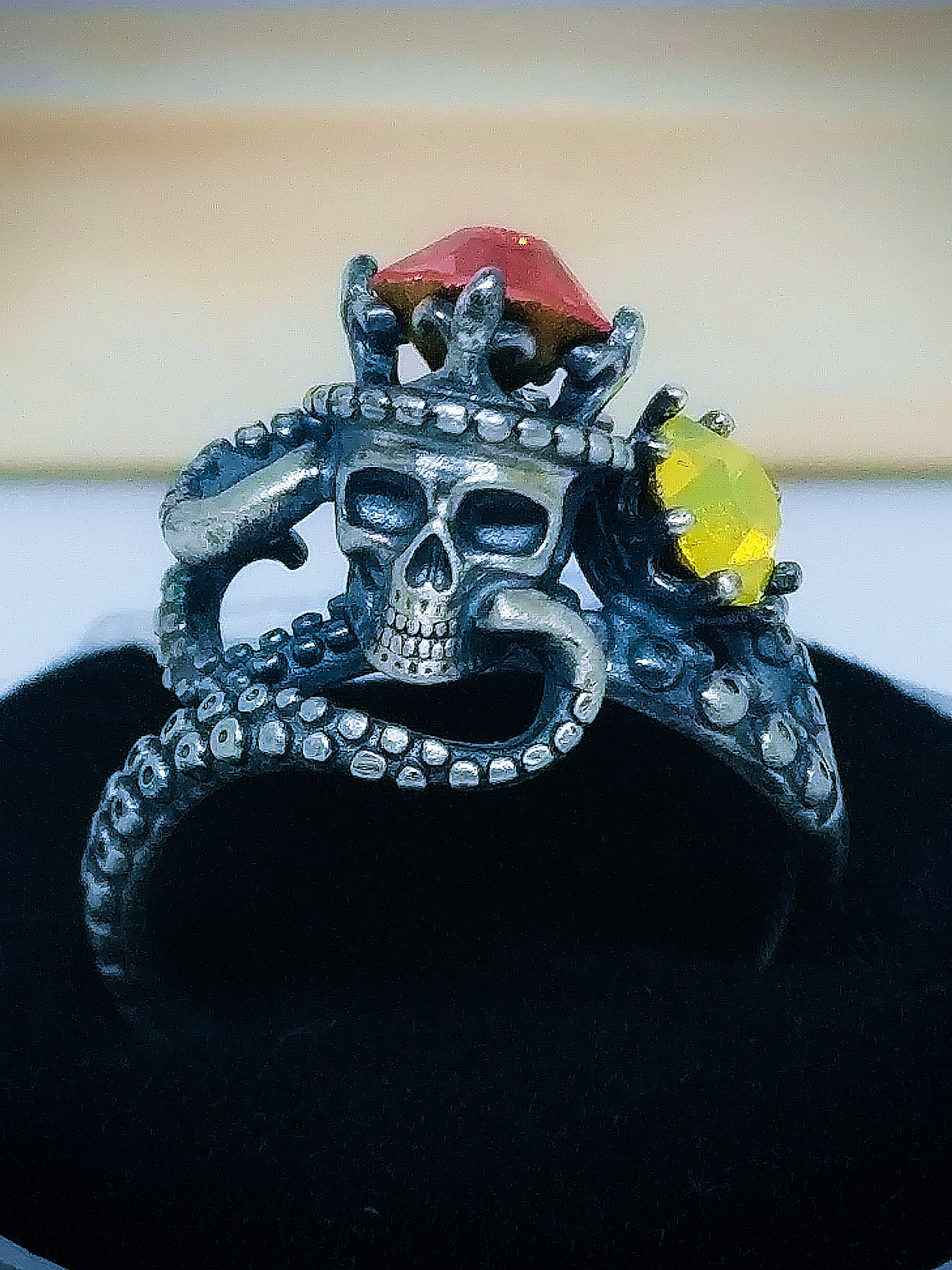 ☢ Octopus tentacles, skull and vintage PINK UG glass ring - Sterling  1