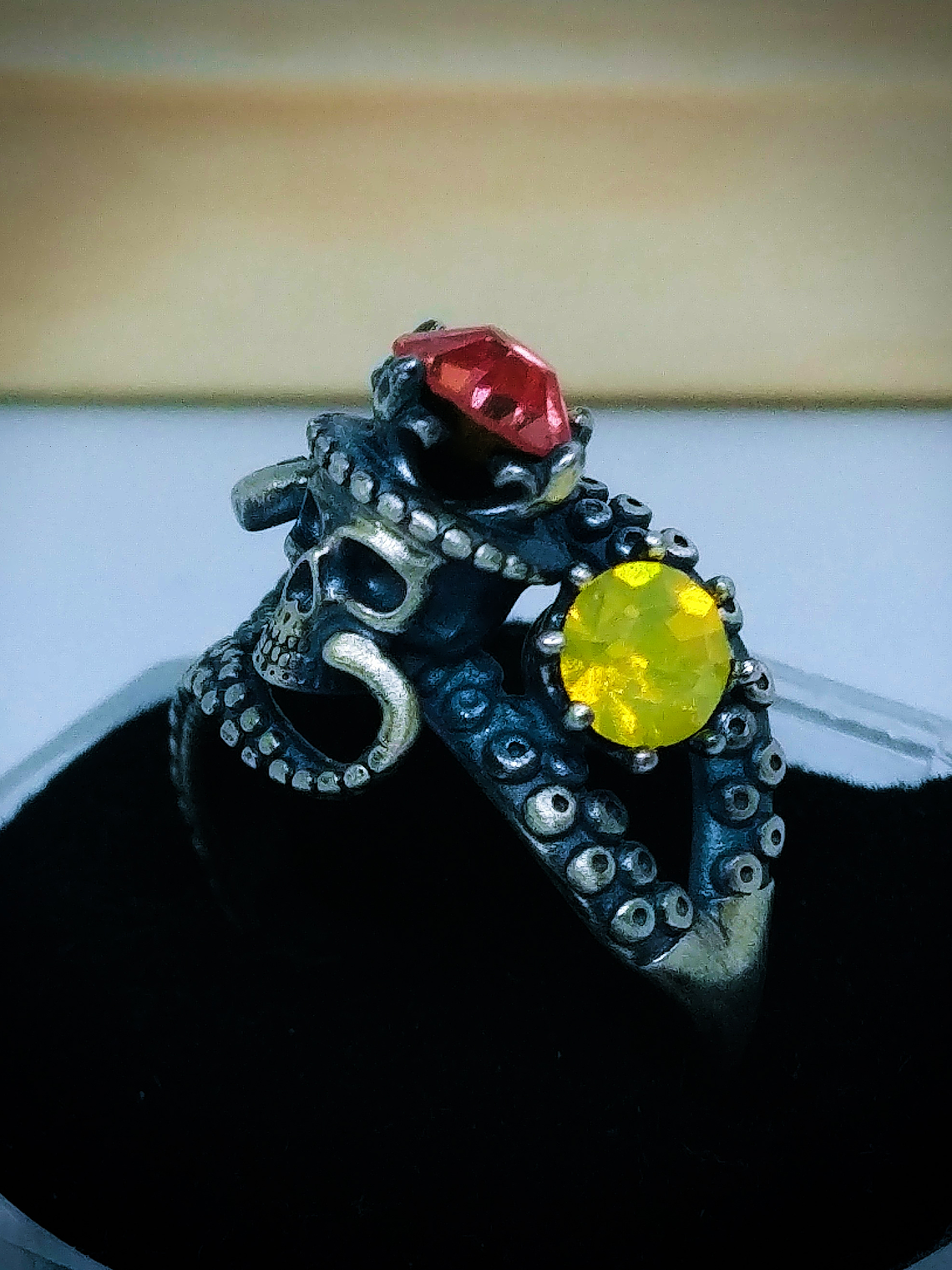 ☢ Octopus tentacles, skull and vintage PINK UG glass ring - Sterling  2