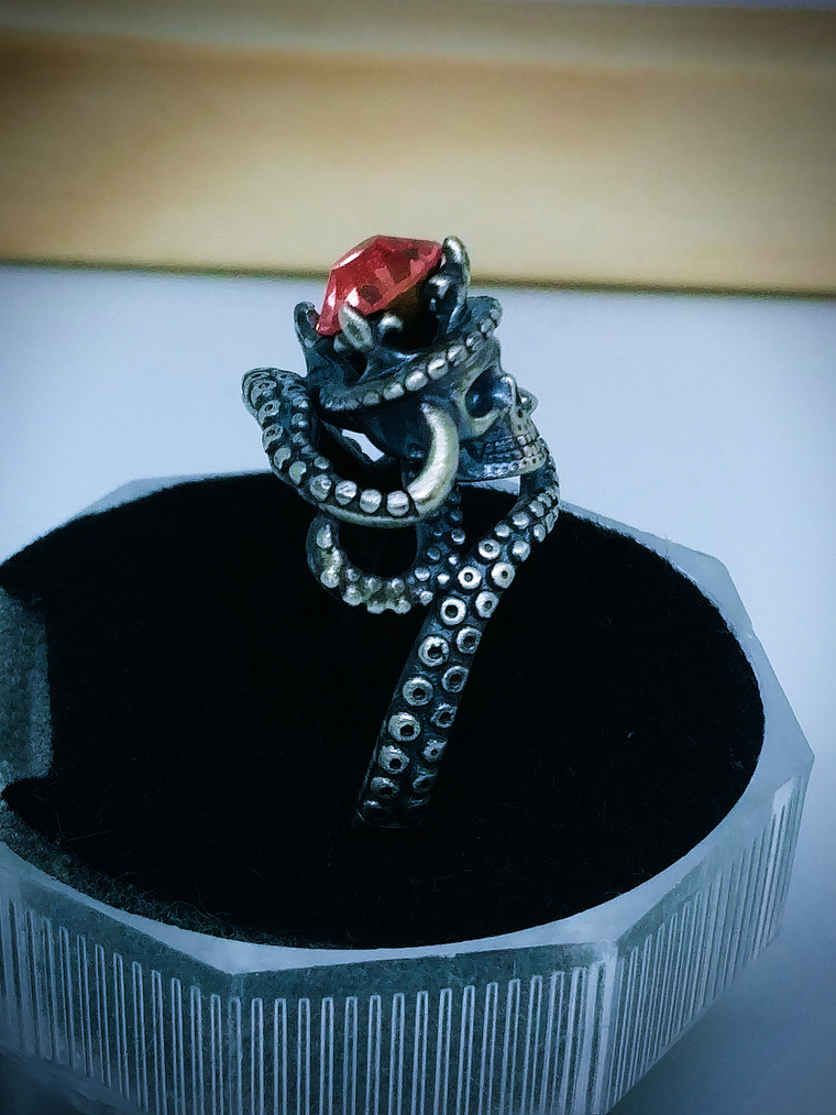 ☢ Octopus tentacles, skull and vintage PINK UG glass ring - Sterling  4