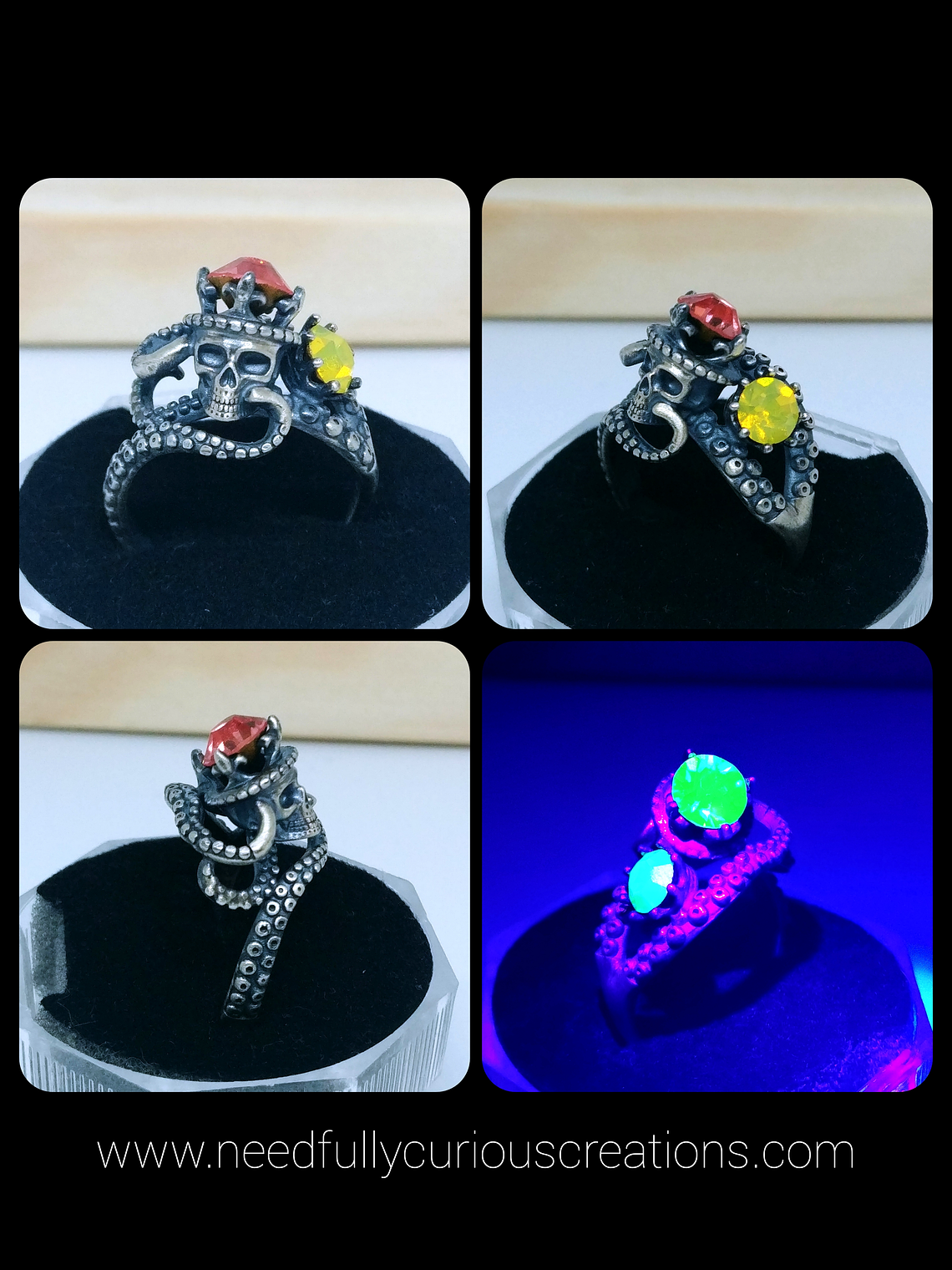 ☢ Octopus tentacles, skull and vintage PINK UG glass ring - Sterling  7