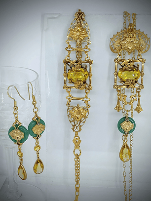 CJ - 40tcw ☢ Victorian/Czech style UG topaz glass set. Necklace/earrings/bracelet - Costume 👑