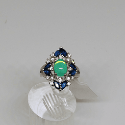 CJ - 1.2ct ☢ Vintage green opal UG glass and sapphire "Cocktail" ring, Sz8.5 - 14k GP copper👑