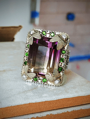 Stunning gothic Ametrine and Chrome diopside statement ring - size 8 - Sterling