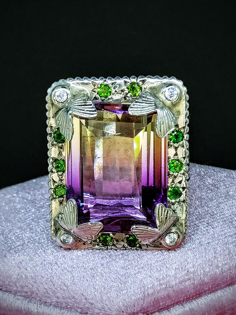 Stunning gothic Ametrine and Chrome diopside statement ring - size 8 - Sterling 1