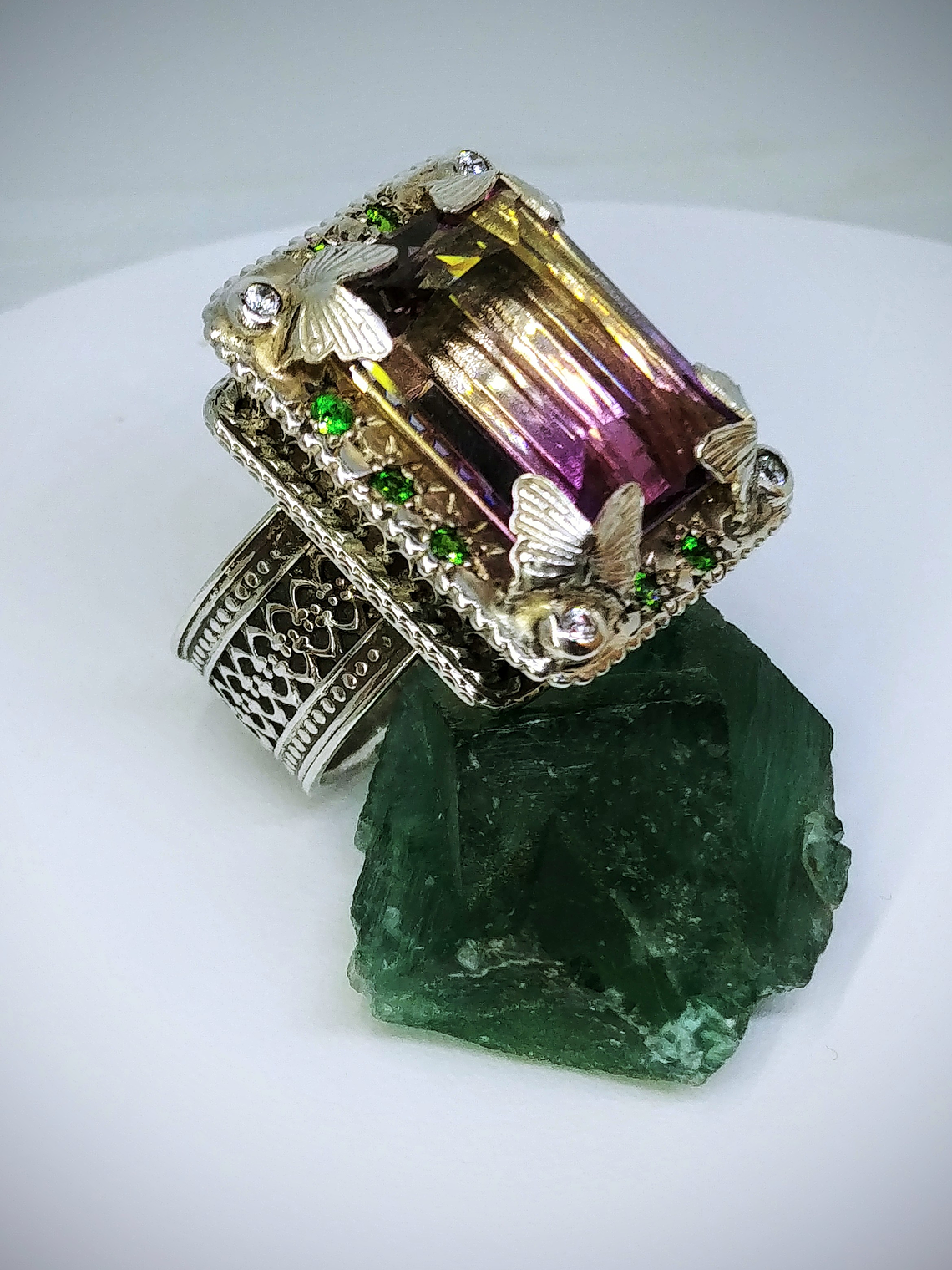 Stunning gothic Ametrine and Chrome diopside statement ring - size 8 - Sterling 6