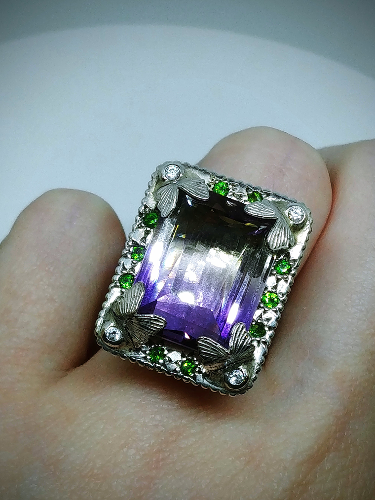 Stunning gothic Ametrine and Chrome diopside statement ring - size 8 - Sterling 8