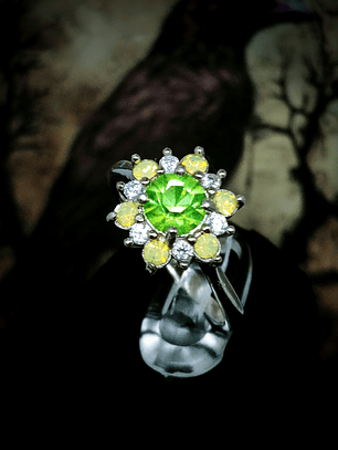 SS -  1.2ctw ☢ Art deco style flower, vintage Yellow opal and apple green UG  ring - Sz 7.25 - Sterling 💍