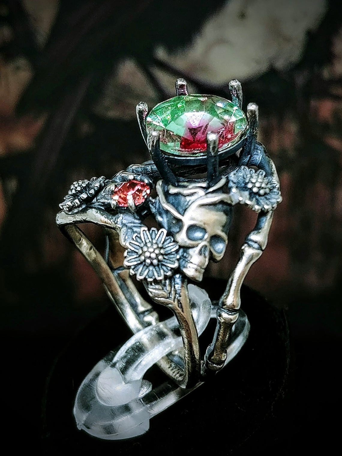 ☢ Momento Mori, Rare Tourmaline UG glass, Rose and skull ring - Private collection 1