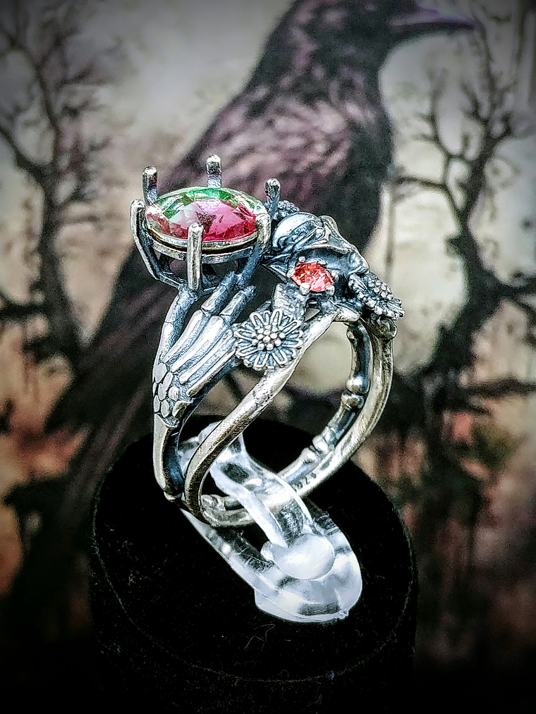 ☢ Momento Mori, Rare Tourmaline UG glass, Rose and skull ring - Private collection 4