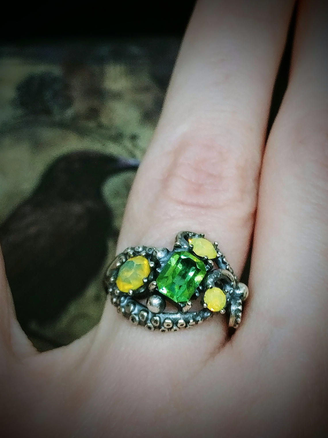 2.7tcw ☢ Octopus tentacles Yellow opal & Green UG glass ring - Sterling 💍 - Private collection 4