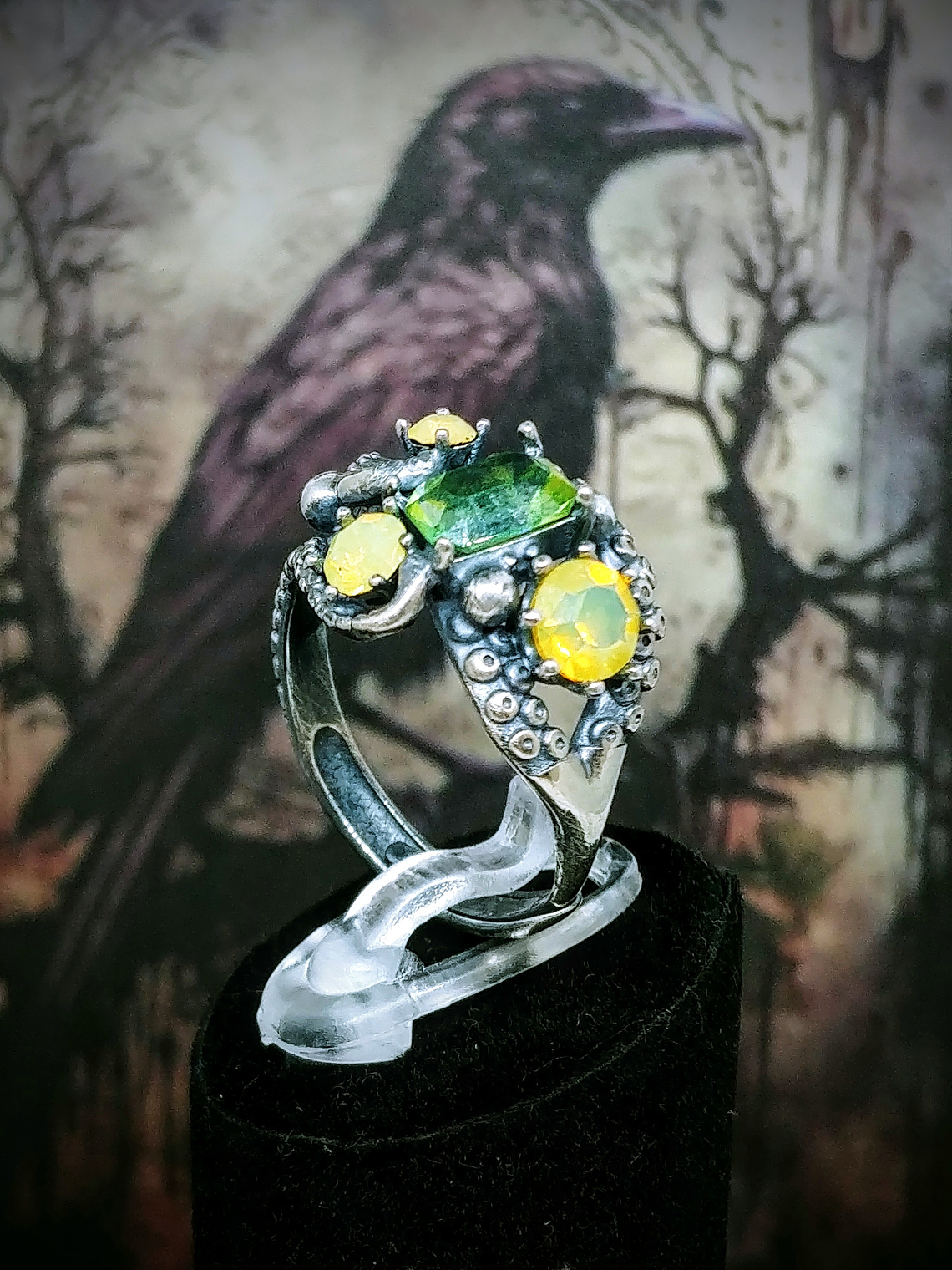 2.7tcw ☢ Octopus tentacles Yellow opal & Green UG glass ring - Sterling 💍 - Private collection 3