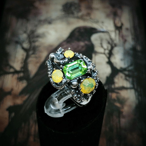 SS - 2.7tcw ☢ Octopus tentacles Yellow opal & Green UG glass ring - Sterling 💍 Custom sizing