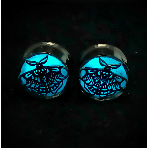 19mm, 3/4 inch ☢ Double sided, Uranium glass, glowing Hawks Moth ear-plugs