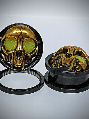 19mm, 3/4inch ☢ Vintage Yellow opal UG glass, Cat skull ear-plugs/tunnels 