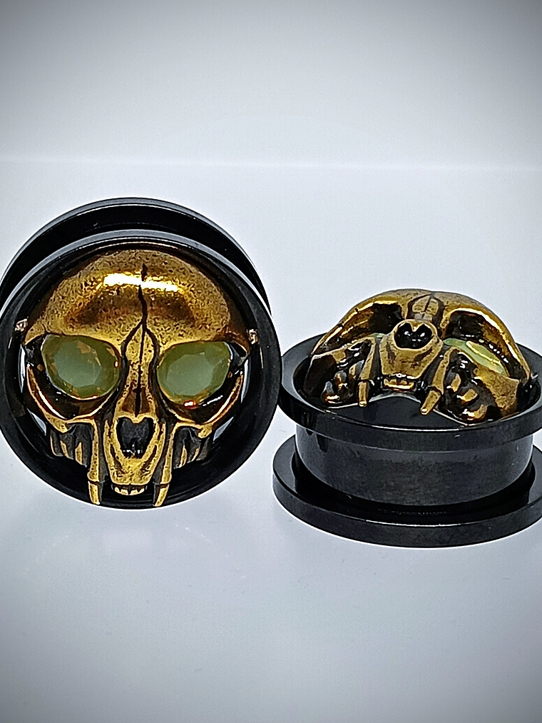 19mm, 3/4inch ☢ Vintage Yellow opal UG glass, Cat skull ear-plugs/tunnels  3