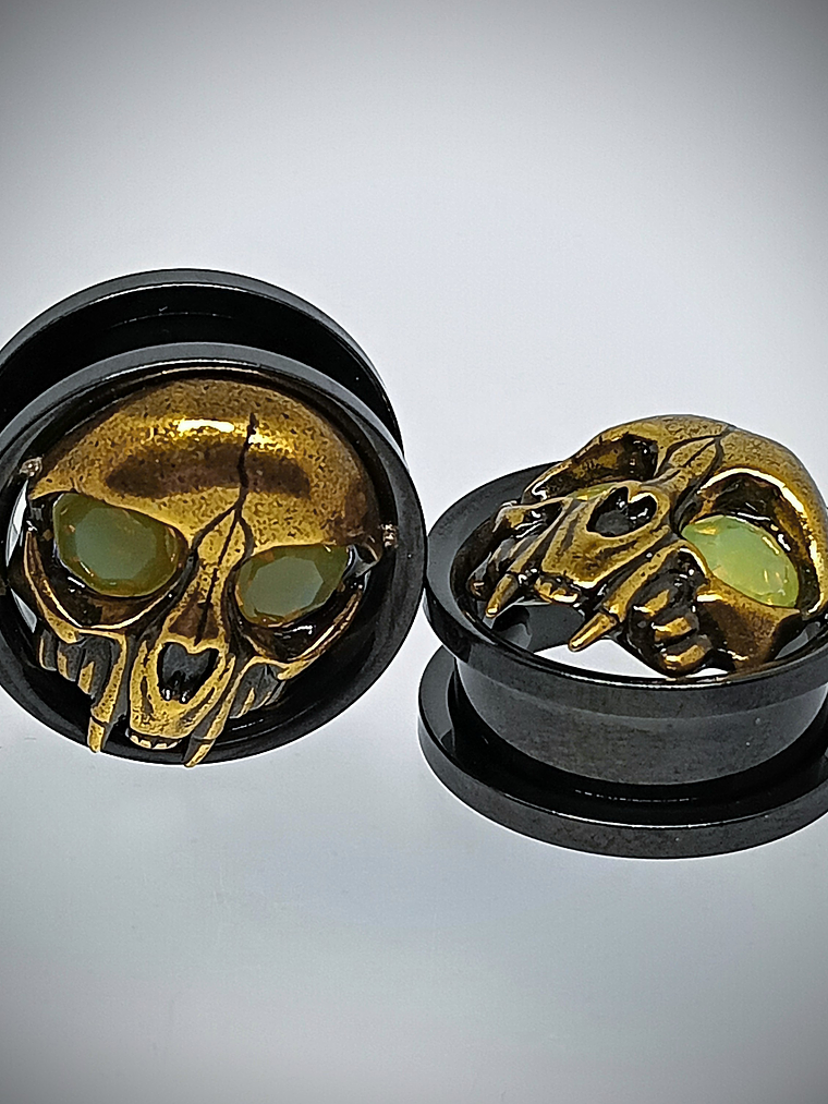 19mm, 3/4inch ☢ Vintage Yellow opal UG glass, Cat skull ear-plugs/tunnels  4