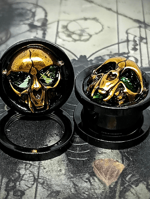 12mm, 1/2 inch Plugs ☢ Vintage Green UG glass, Cat skull ear-plugs