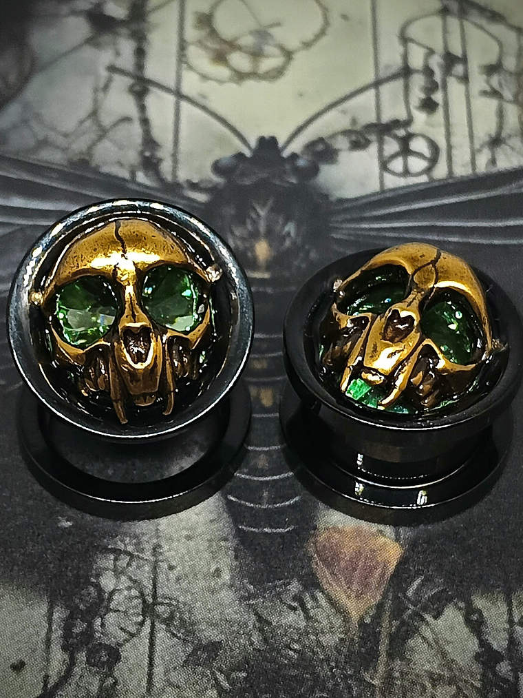 12mm, 1/2 inch Plugs ☢ Vintage Green UG glass, Cat skull ear-plugs 3