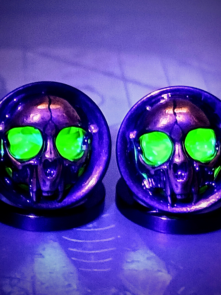12mm, 1/2 inch Plugs ☢ Vintage Green UG glass, Cat skull ear-plugs 1