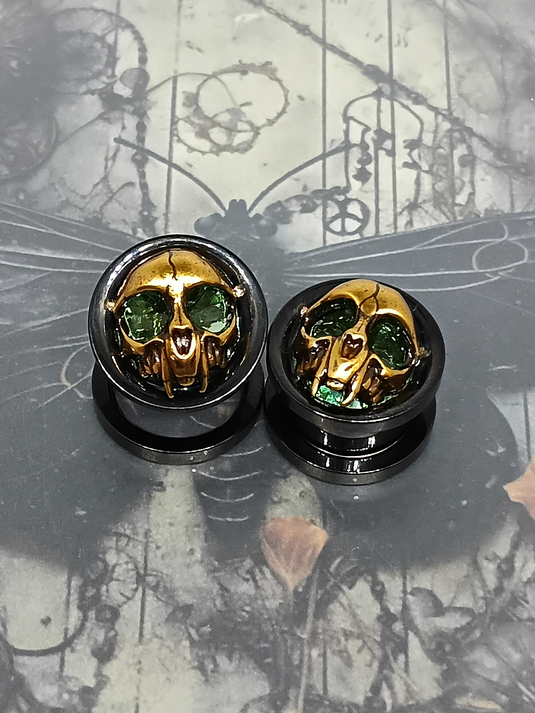 12mm, 1/2 inch Plugs ☢ Vintage Green UG glass, Cat skull ear-plugs 4