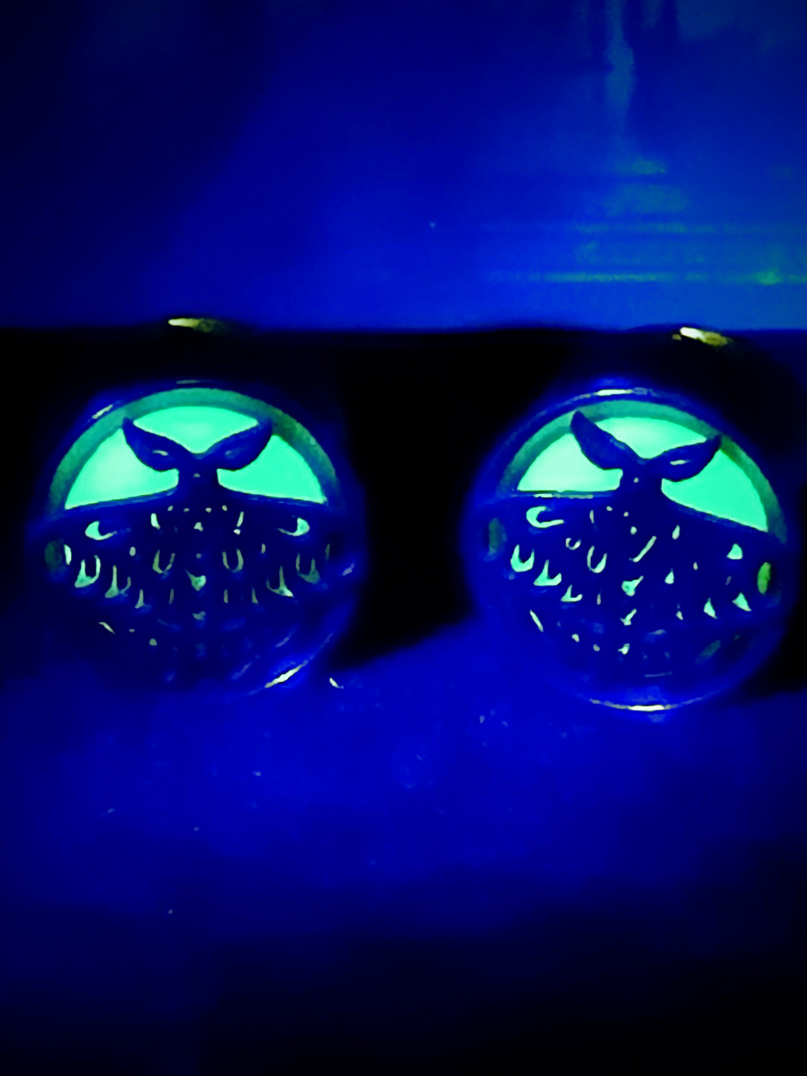 12mm, 1/2 inch ☢ Double sided, Green opal Uranium glass, glowing Hawks Moth ear-plugs 1