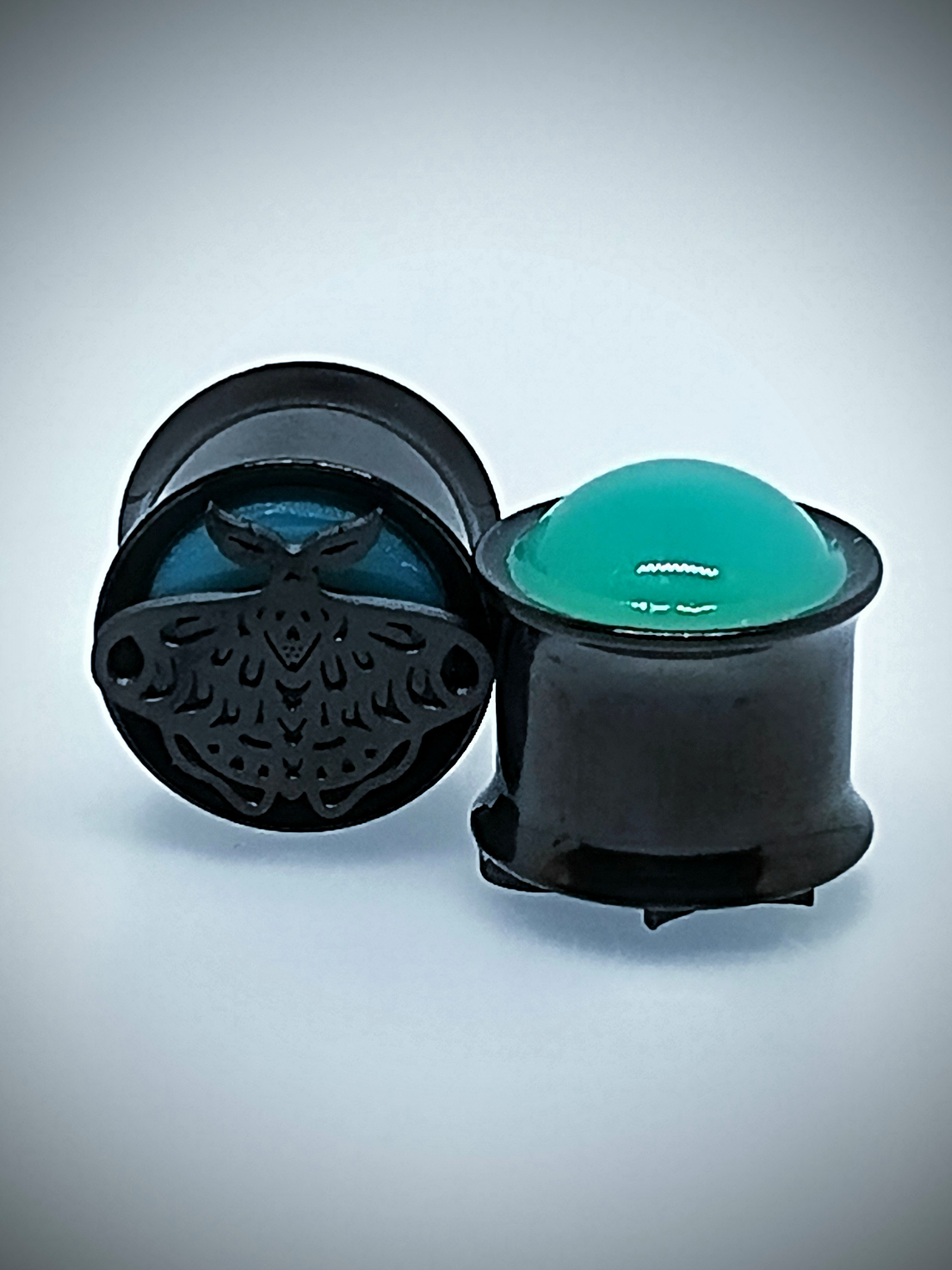 12mm, 1/2 inch ☢ Double sided, Green opal Uranium glass, glowing Hawks Moth ear-plugs 2