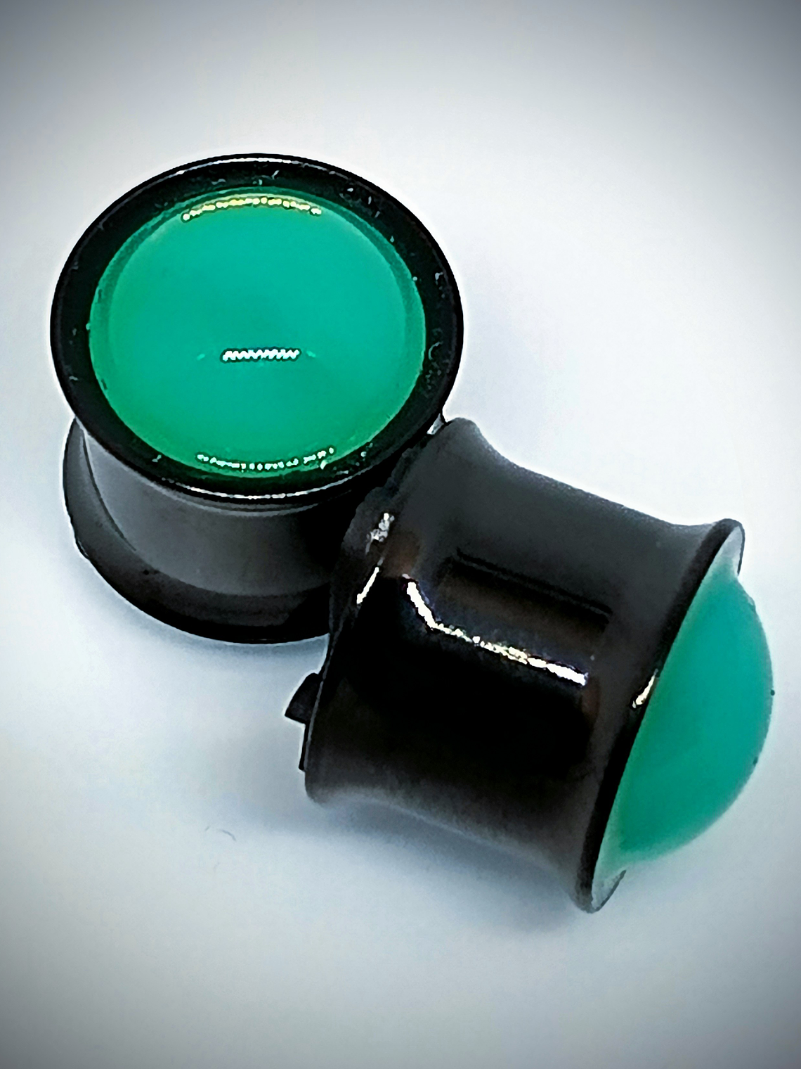 12mm, 1/2 inch ☢ Double sided, Green opal Uranium glass, glowing Hawks Moth ear-plugs 3