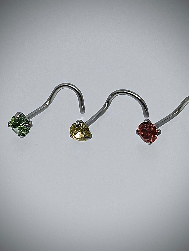 Piercing ☢ 21g Uranium glass, S-screw style nose piercing - 3mm stone - Pink/Green/Vaseline  2