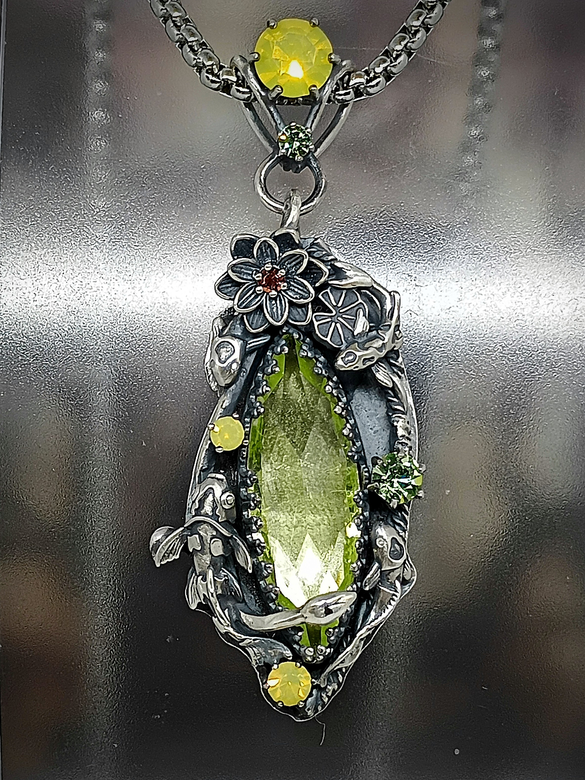 RTS  ☢  -Serenity-  Lotus and Koi fish pond,  silver  Uranium glass necklace - Sterling 7