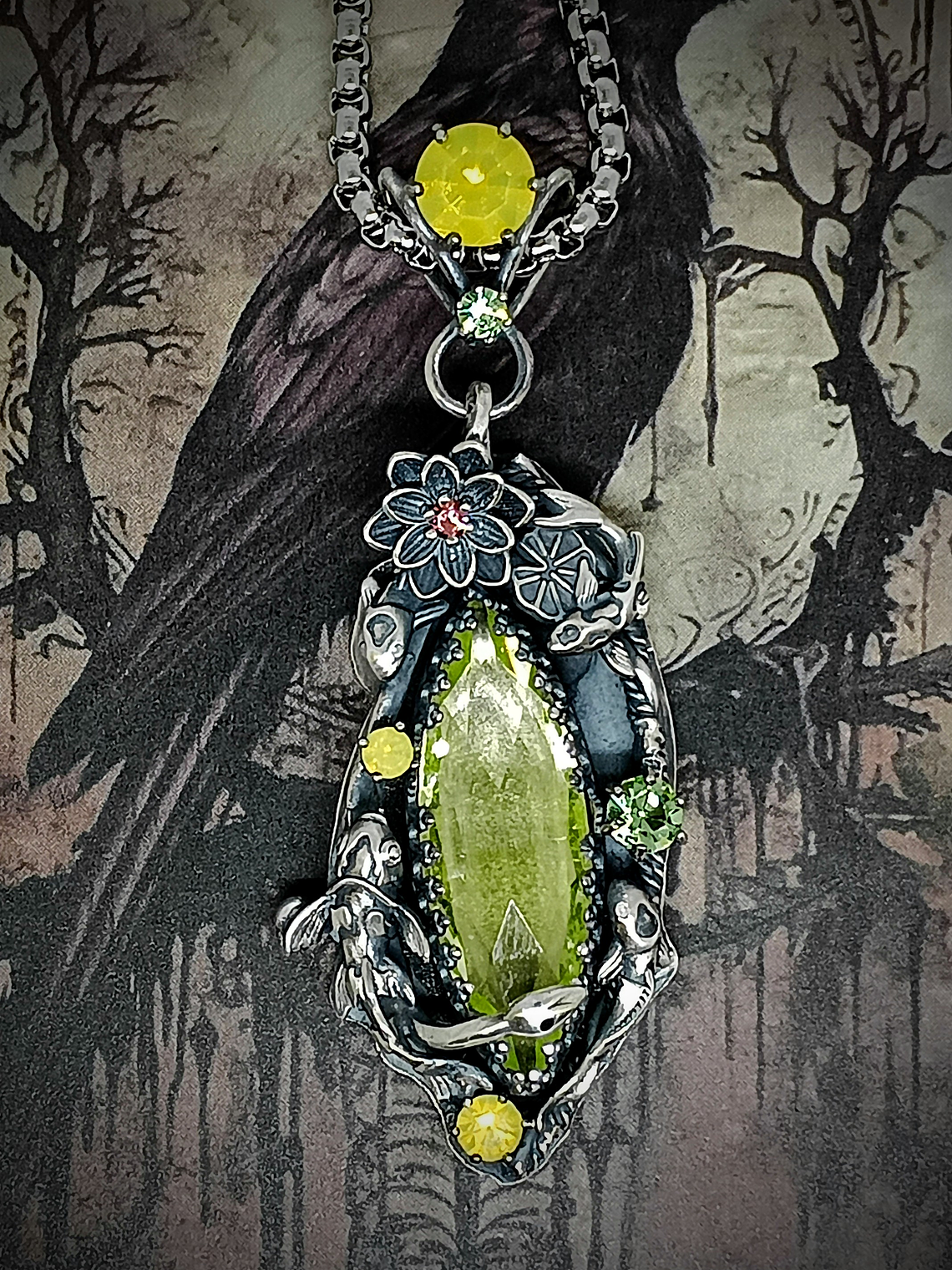 RTS  ☢  -Serenity-  Lotus and Koi fish pond,  silver  Uranium glass necklace - Sterling 8