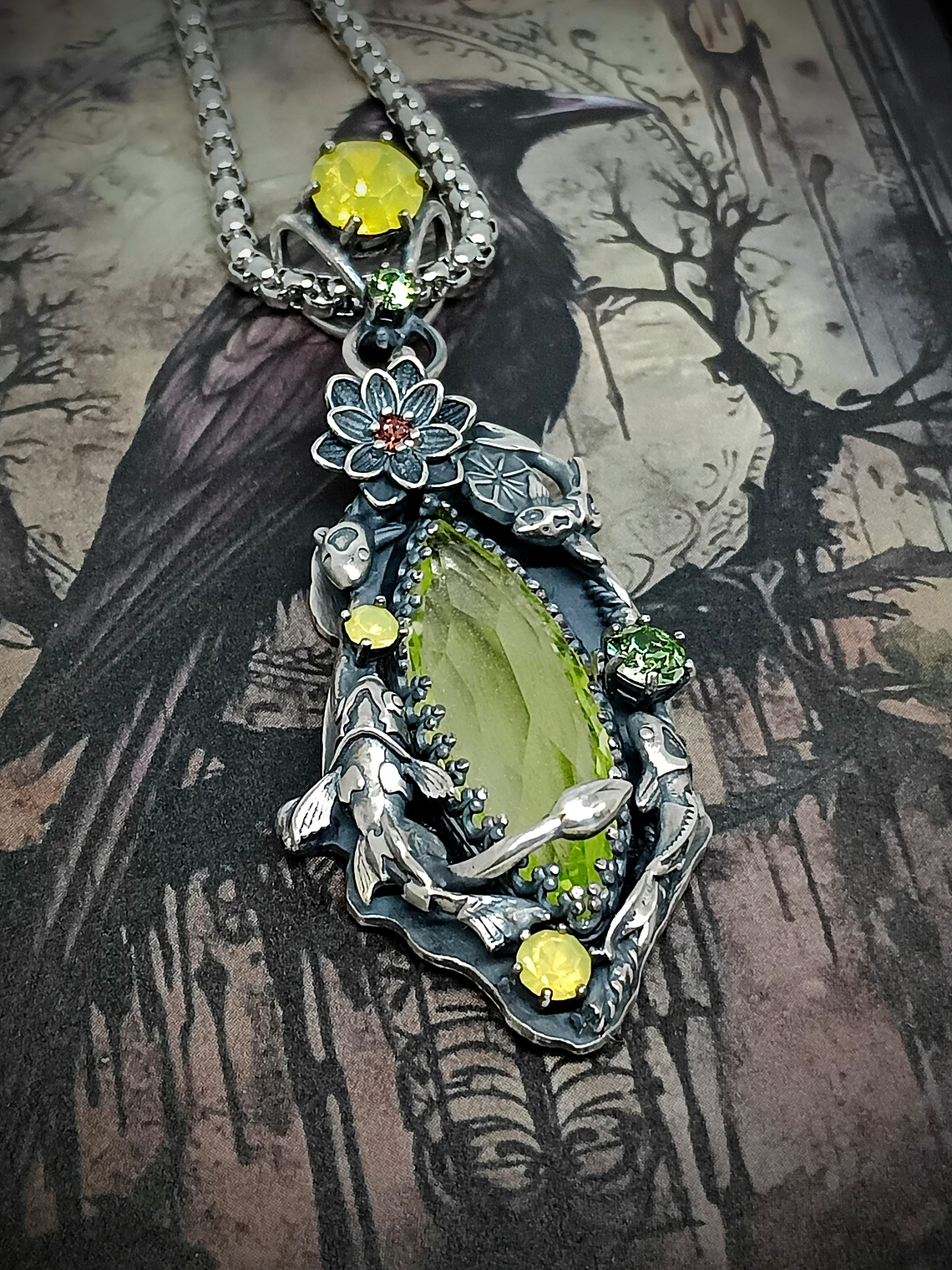 RTS  ☢  -Serenity-  Lotus and Koi fish pond,  silver  Uranium glass necklace - Sterling 9