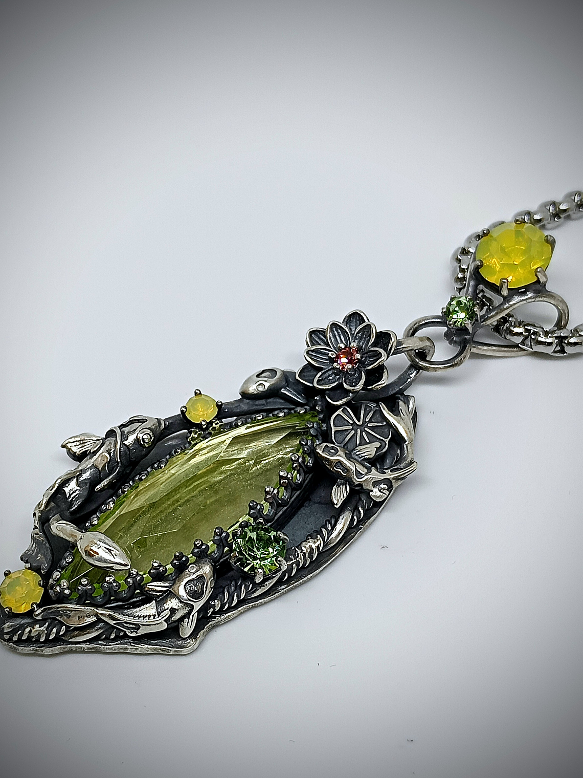 RTS  ☢  -Serenity-  Lotus and Koi fish pond,  silver  Uranium glass necklace - Sterling 3