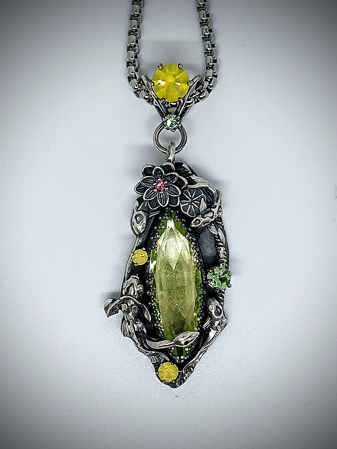 RTS  ☢  -Serenity-  Lotus and Koi fish pond,  silver  Uranium glass necklace - Sterling 1