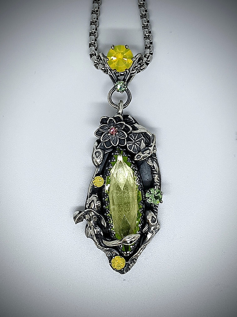 RTS  ☢  -Serenity-  Lotus and Koi fish pond,  silver  Uranium glass necklace - Sterling 1