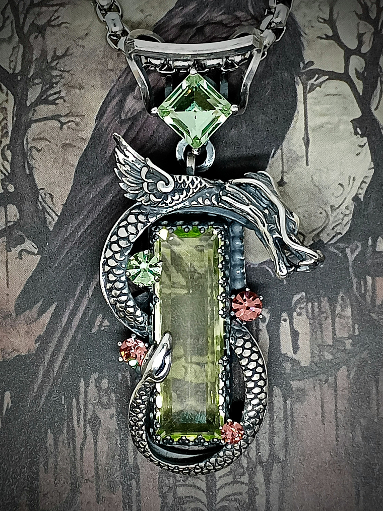 ☢ Right facing Galaxy Dragon Necklace, Vaseline, Pink & Green vintage UG - Private collection 3