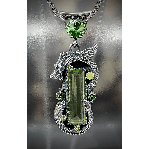 Ooak ☢ Left facing Galaxy Dragon Necklace, vintage Green & Vaseline UG - Sterling