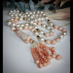 Long - 14k gold, AA+ Freshwater pearls with Antique - Hand Carved Angel skin coral necklace 
