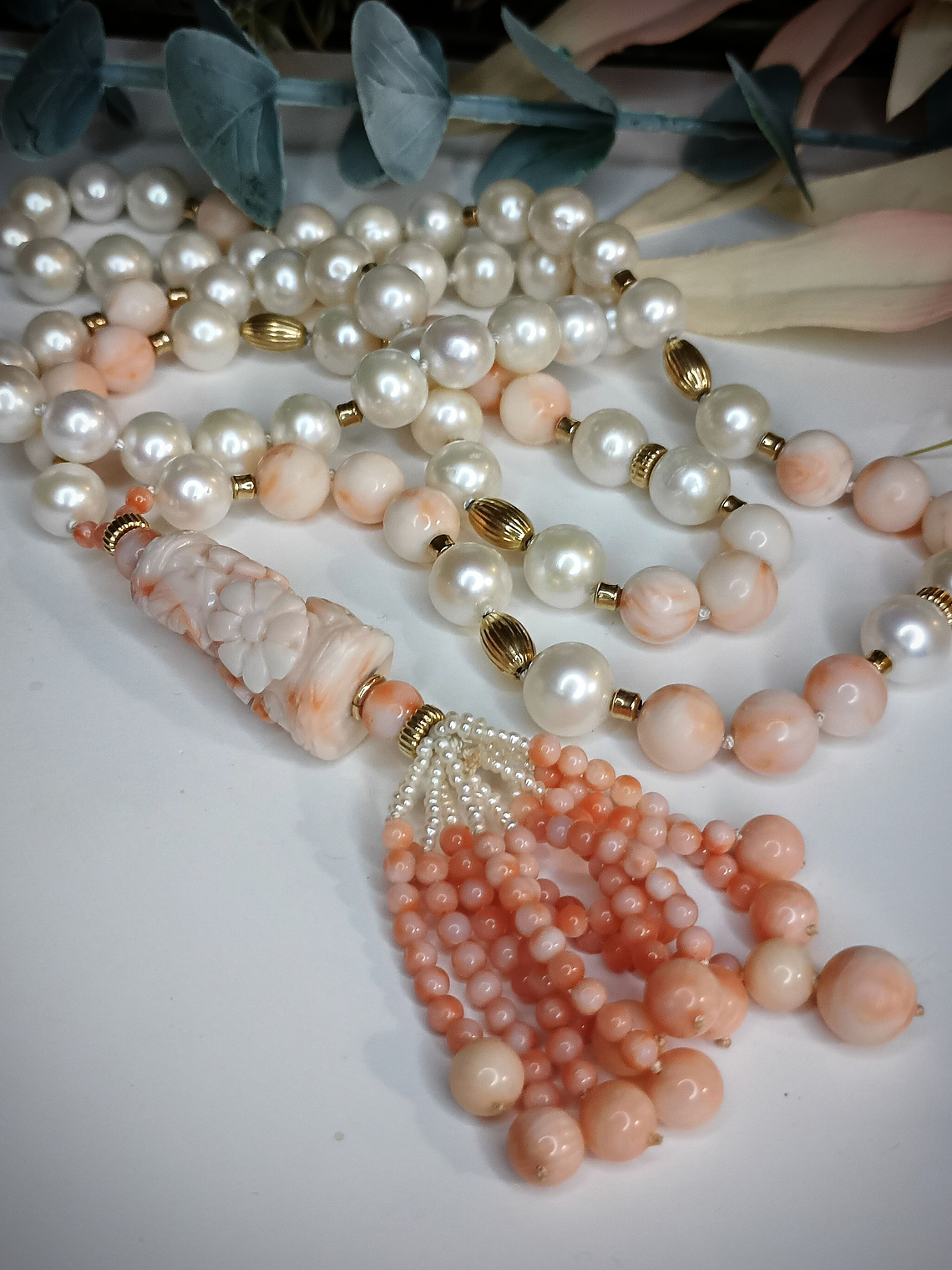 RTS - Long - 14k gold, AA+ Freshwater pearls with Antique - Hand Carved Angel skin coral necklace  1