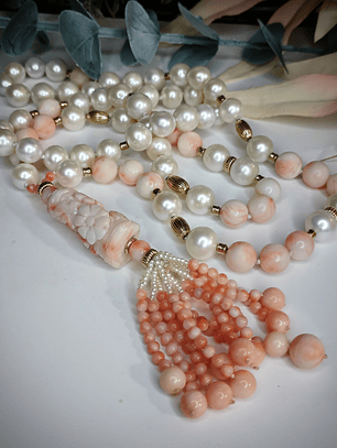 Long - 14k gold, AA+ Freshwater pearls with Antique - Hand Carved Angel skin coral necklace 