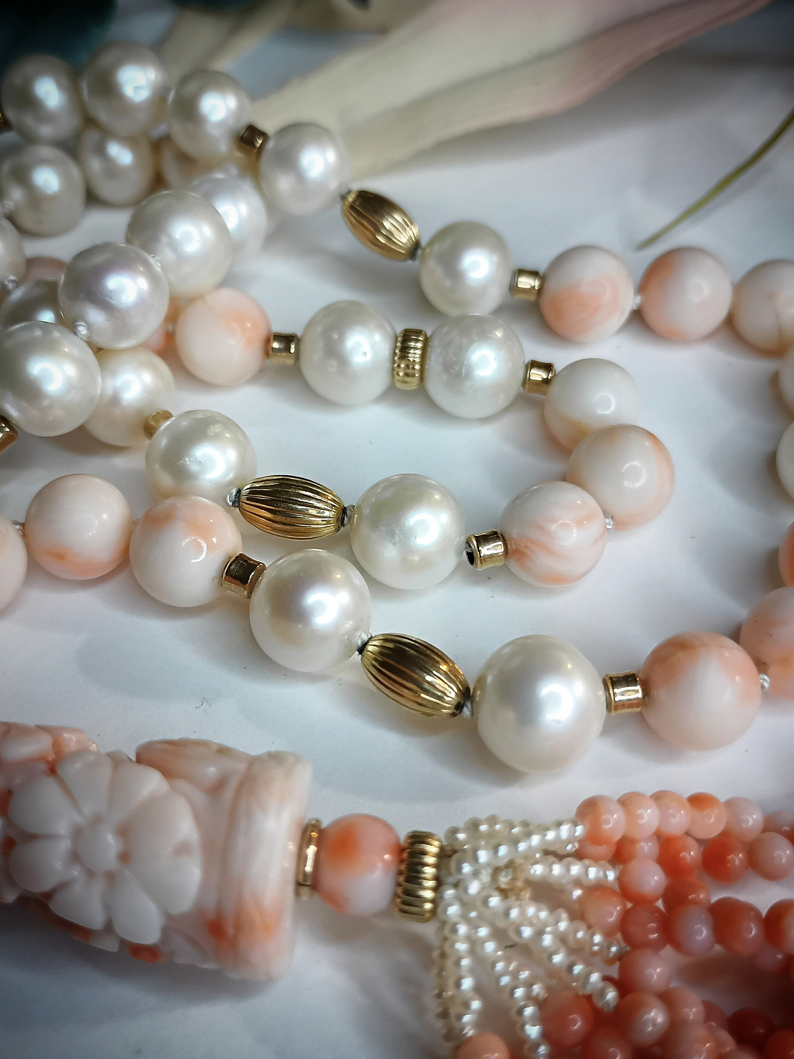 RTS - Long - 14k gold, AA+ Freshwater pearls with Antique - Hand Carved Angel skin coral necklace  2