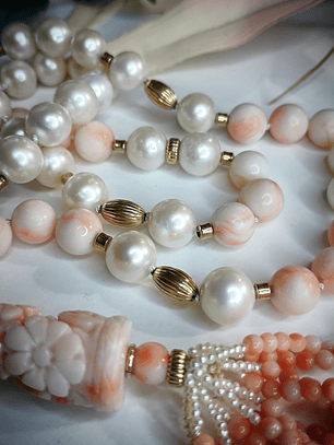Long - 14k gold, AA+ Freshwater pearls with Antique - Hand Carved Angel skin coral necklace 
