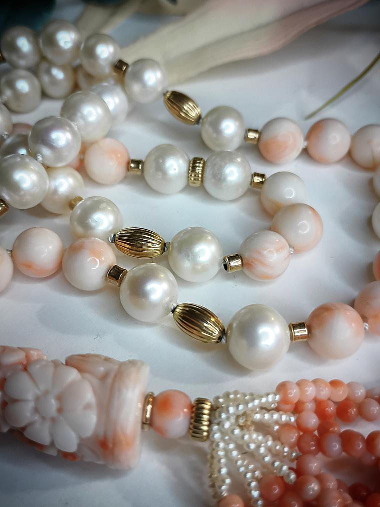 RTS - Long - 14k gold, AA+ Freshwater pearls with Antique - Hand Carved Angel skin coral necklace  2