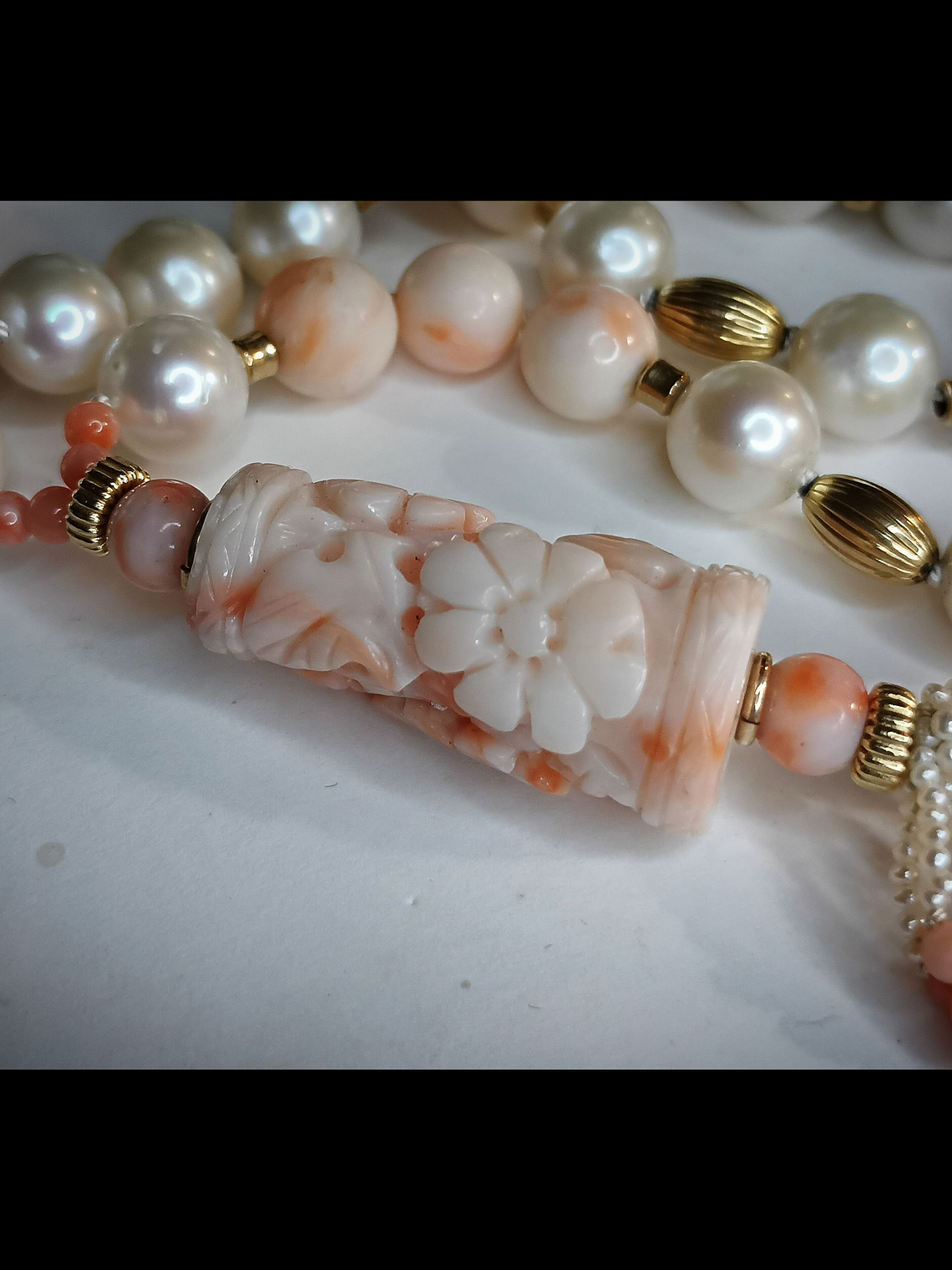 RTS - Long - 14k gold, AA+ Freshwater pearls with Antique - Hand Carved Angel skin coral necklace  3