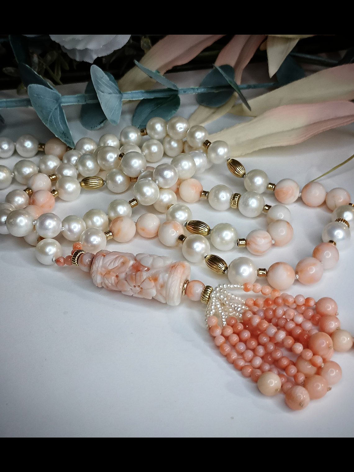 RTS - Long - 14k gold, AA+ Freshwater pearls with Antique - Hand Carved Angel skin coral necklace  4