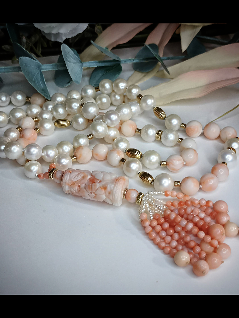 RTS - Long - 14k gold, AA+ Freshwater pearls with Antique - Hand Carved Angel skin coral necklace  4
